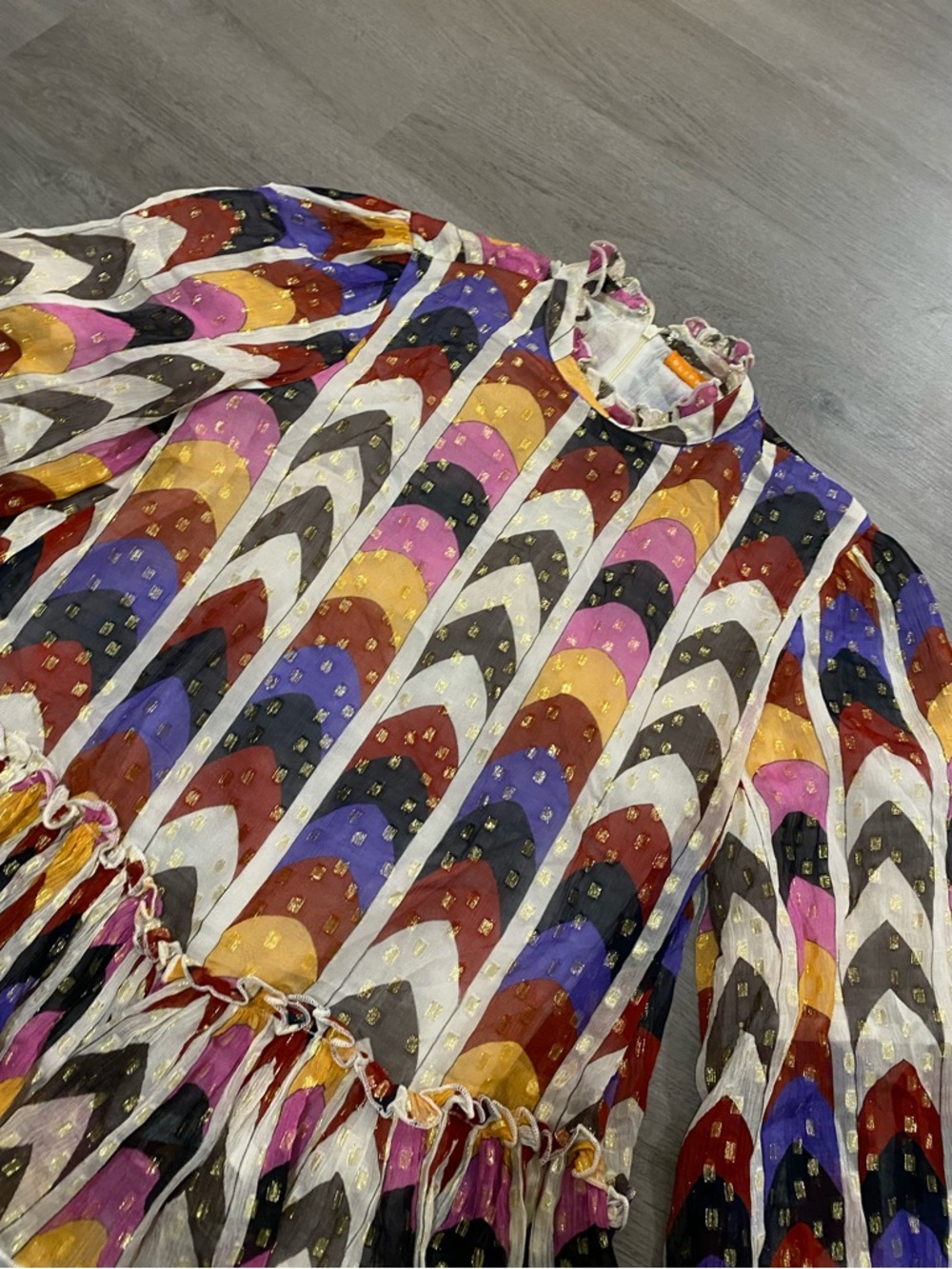 Oliphant Peplum Flare Sleeve Blouse Metallic Milano Print XS - Picture 8 of 11